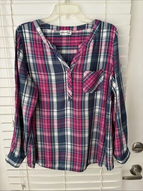 Collection L Plaid Top Blue Pink Long Sleeve Roll Tab Plus SZ XXL